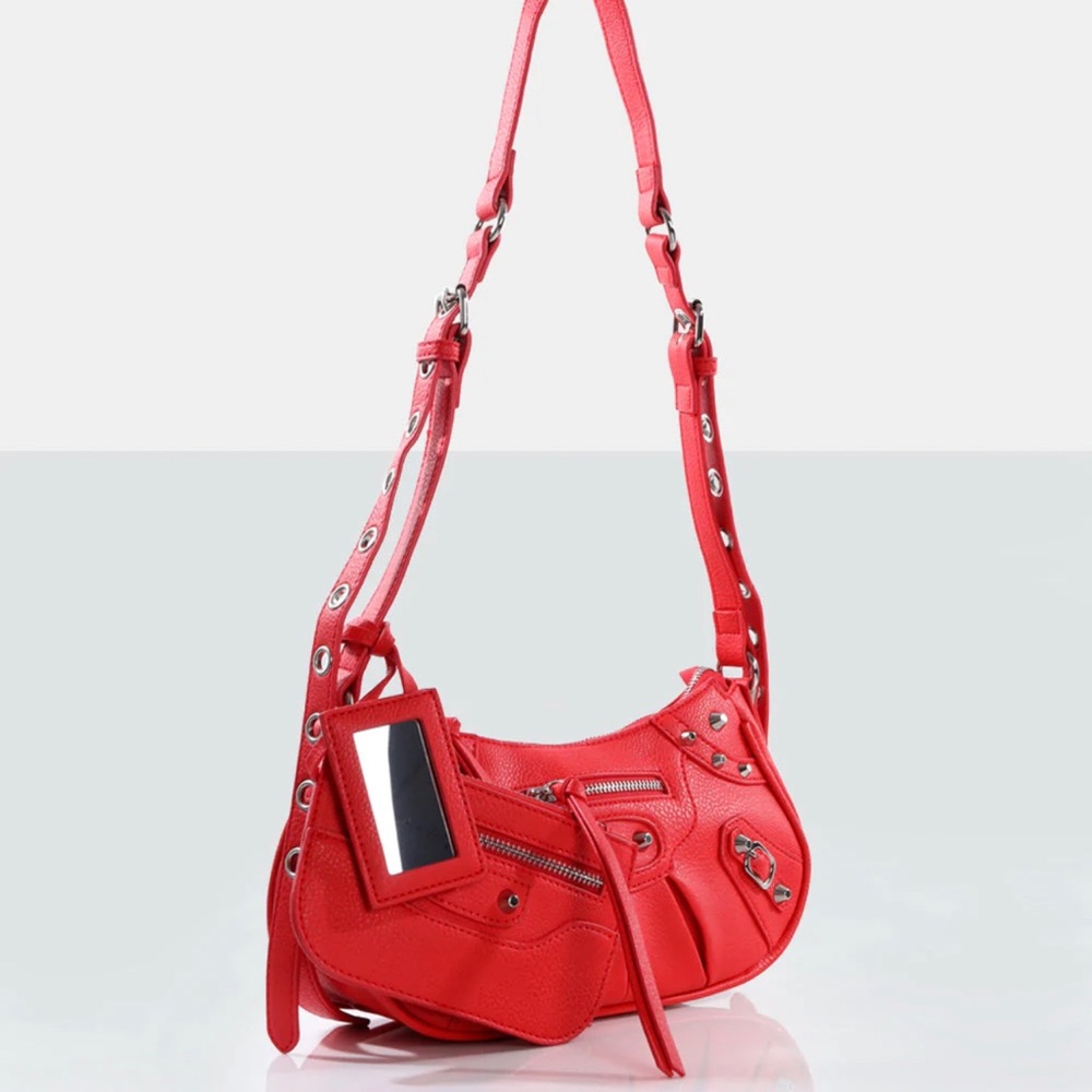 The Trackstar Red Grain Studded Mirror Zip Detail Handbag